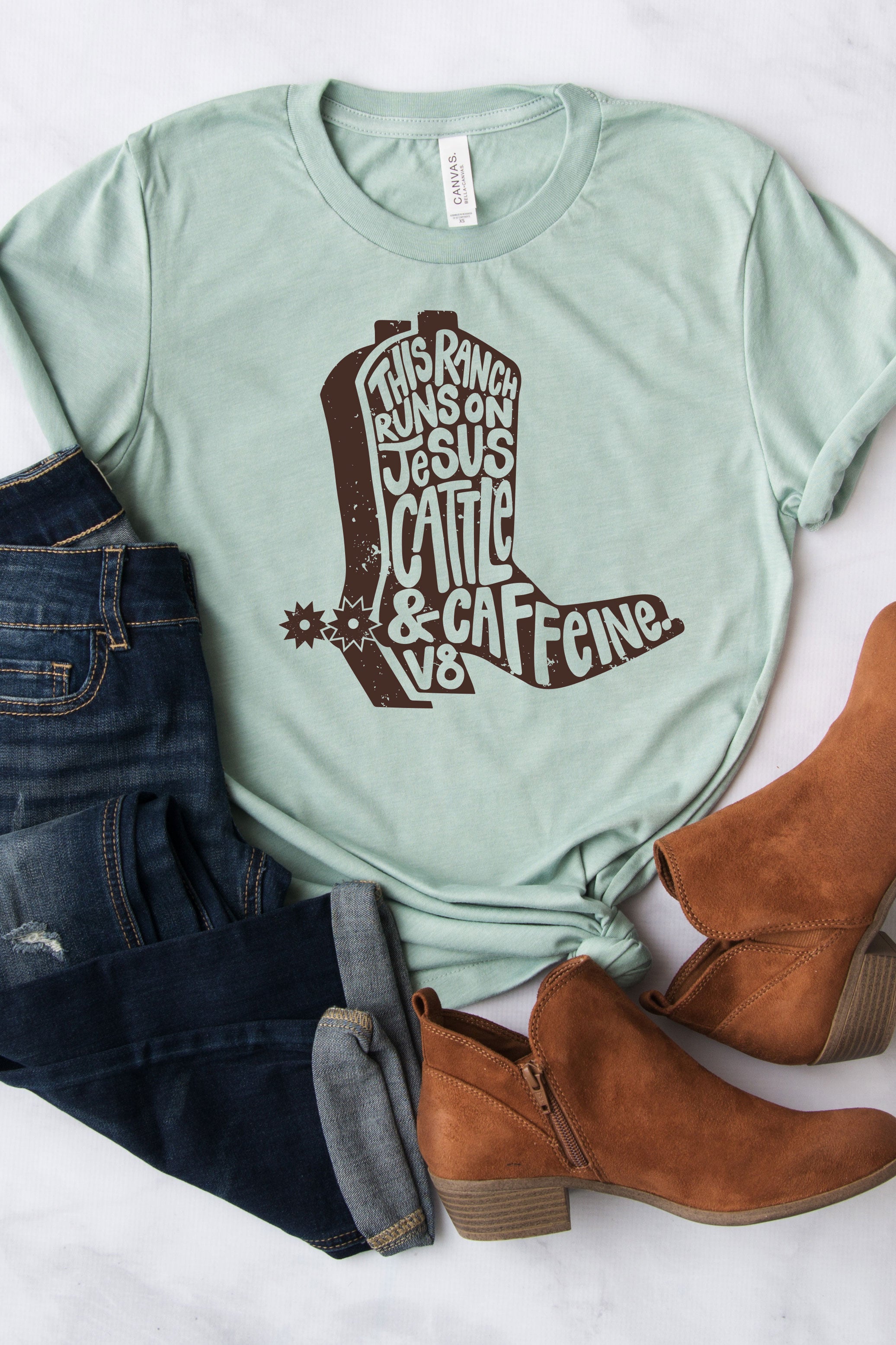 "Jesus, Cattle & Caffeine" Cowboy Boot Tee