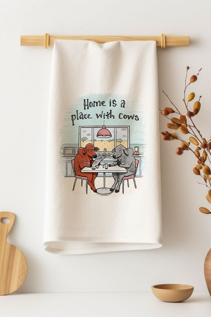 Home is a Place with Cows Tea Towel