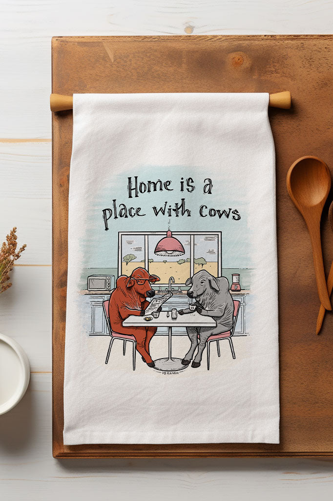 Home is a Place with Cows Tea Towel