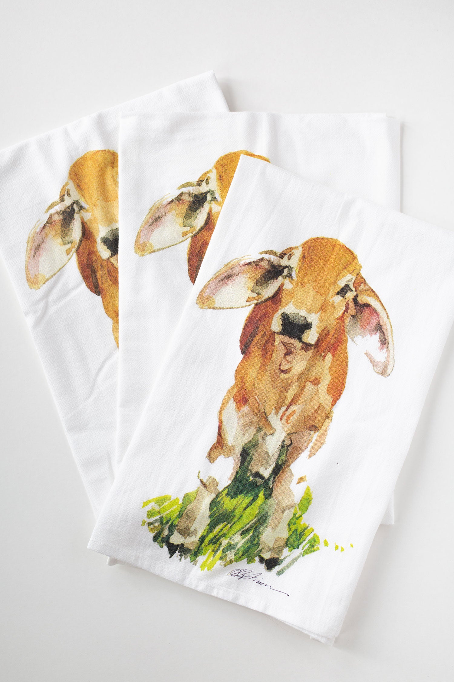 V8 Brahman Calf Watercolor Kitchen Flour Sack Tea Towel